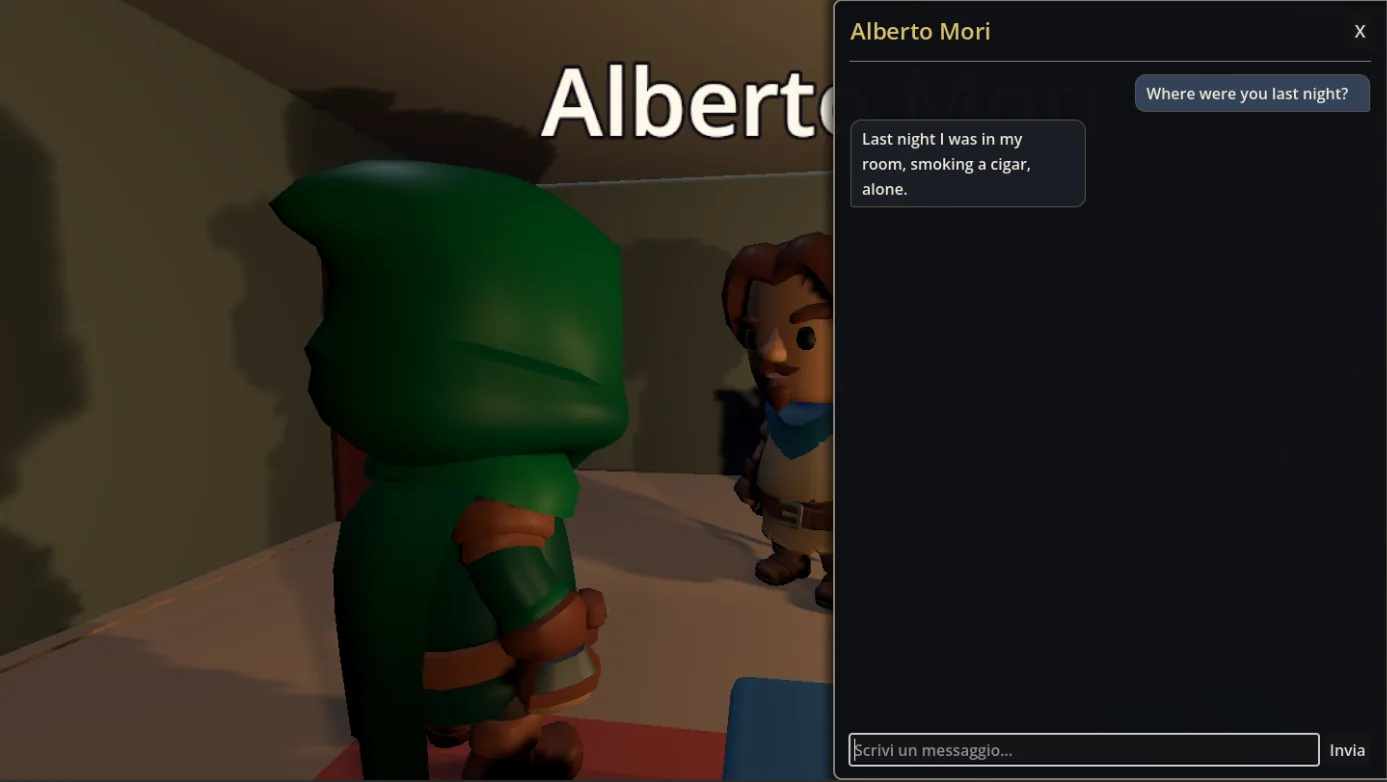 Interrogatorio in gioco: il giocatore chiede ad Alberto Mori dove fosse la notte prima e lui risponde nel pannello di dialogo