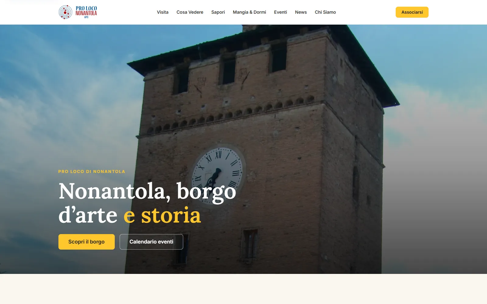 Home page del sito della Pro Loco Nonantola con la Torre dell'Orologio